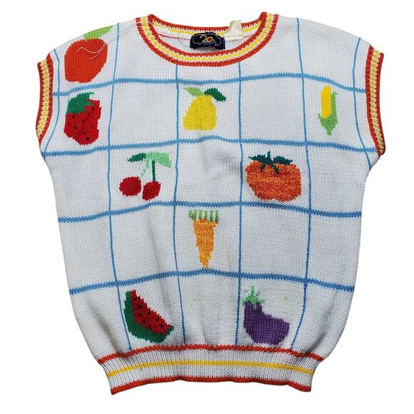 True Vintage Fruits & Veggies Knit Short Sleeved Sweater- Women's Small - Picture 1 of 6